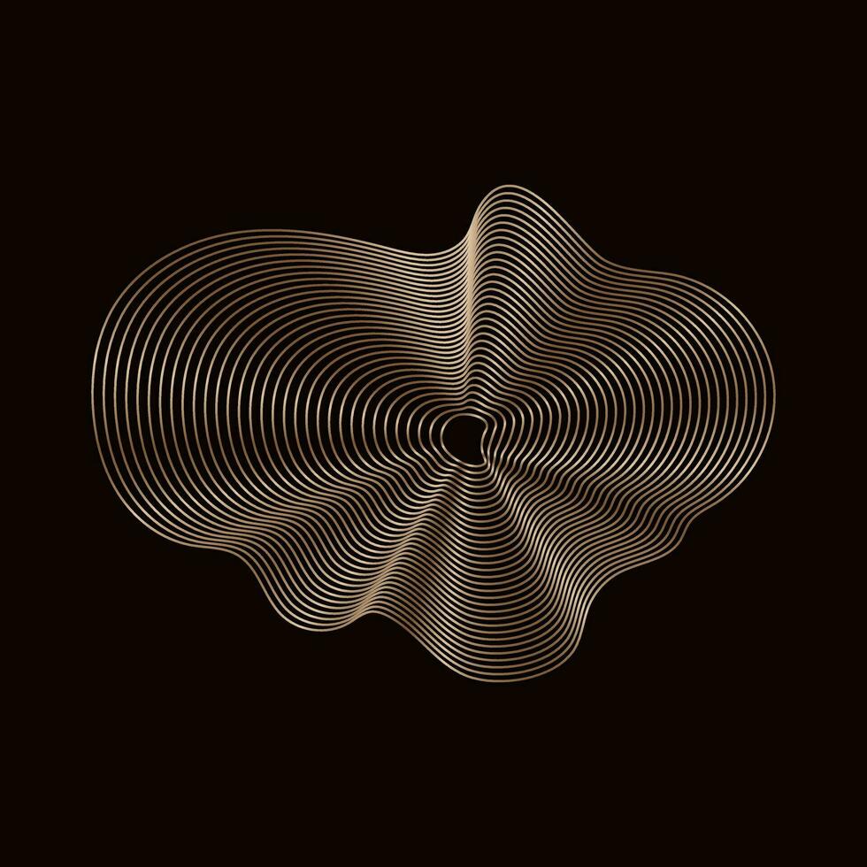 Golden linear design element on dark background, abstract geometric shape of golden wavy lines. Vector object isolated on black.