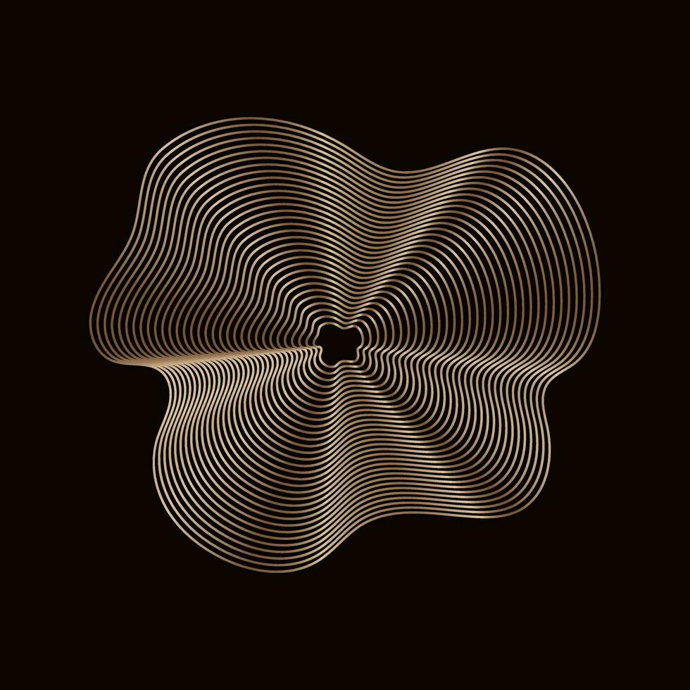 Golden linear design element on dark background, abstract geometric shape of golden wavy lines. Vector object isolated on black