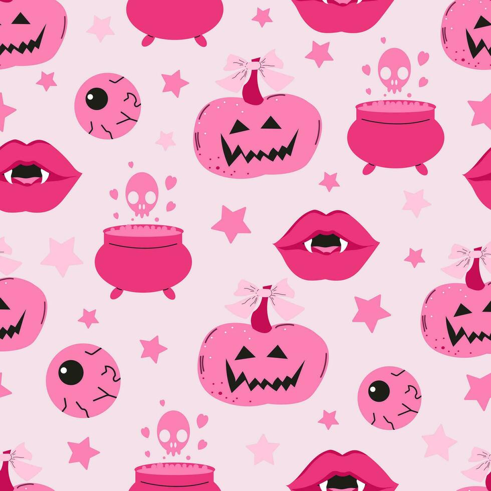 Halloween seamless pattern background design with funny pink pumpkin, witch cauldron and other scary elements on pink background. Holiday spooky pattern for gift paper, cards, wallpaper, decoration vector