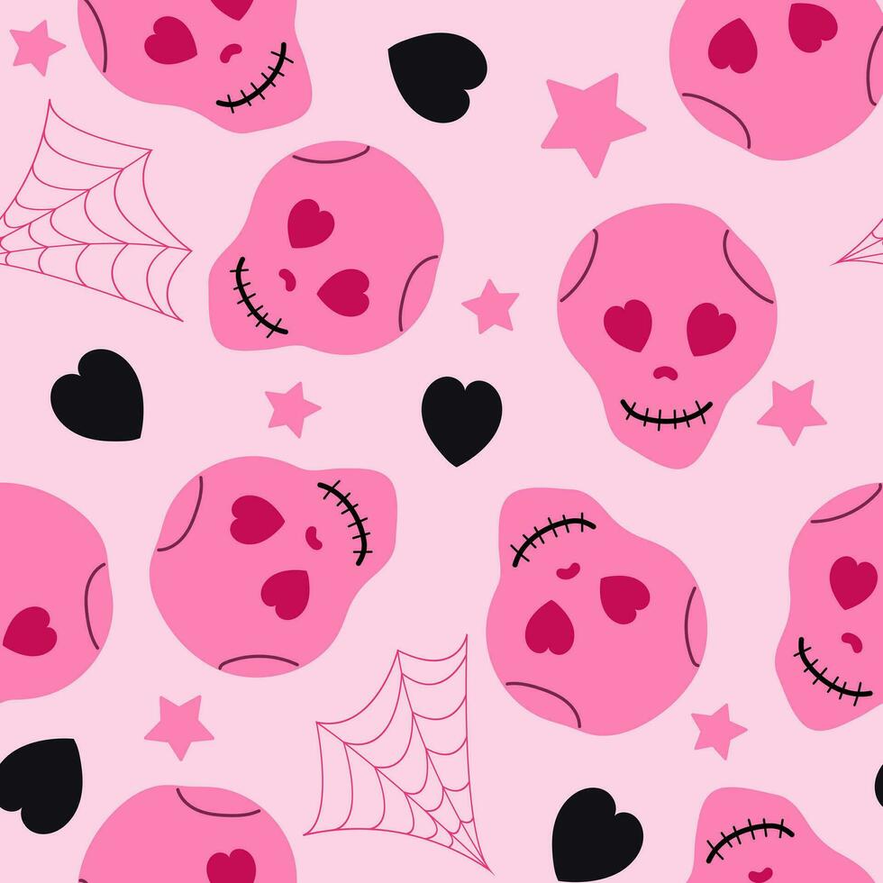 Halloween seamless pattern. Halloween background. Skull, hearts, web. Vector seamless pattern of hand drawn sketch doodle skul l isolated on pink background.