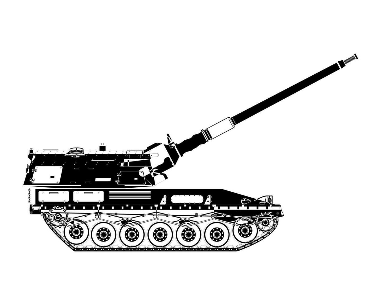 Self-propelled howitzer outline. Raised barrel. Military armored vehicle. vector