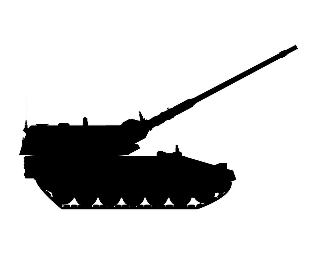 Self-propelled howitzer silhouette. Raised barrel. Military armored vehicle. vector