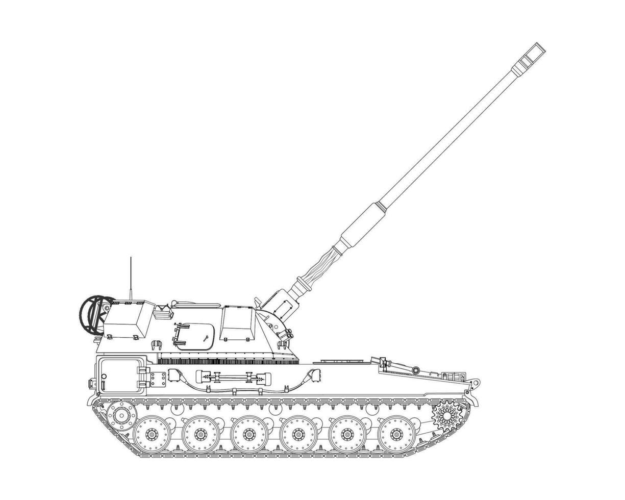 Self-propelled artillery in line art. Raised barrel. Poland army. Military armored vehicle. vector