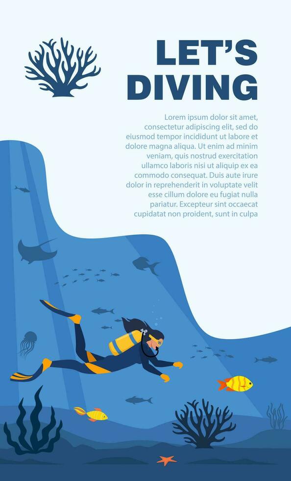 Diver with diving equipment swims in the sea. Seascape banner with man underwater. Character wearing wetsuit with oxygen tank and fins. Underwater world. Vector illustration.