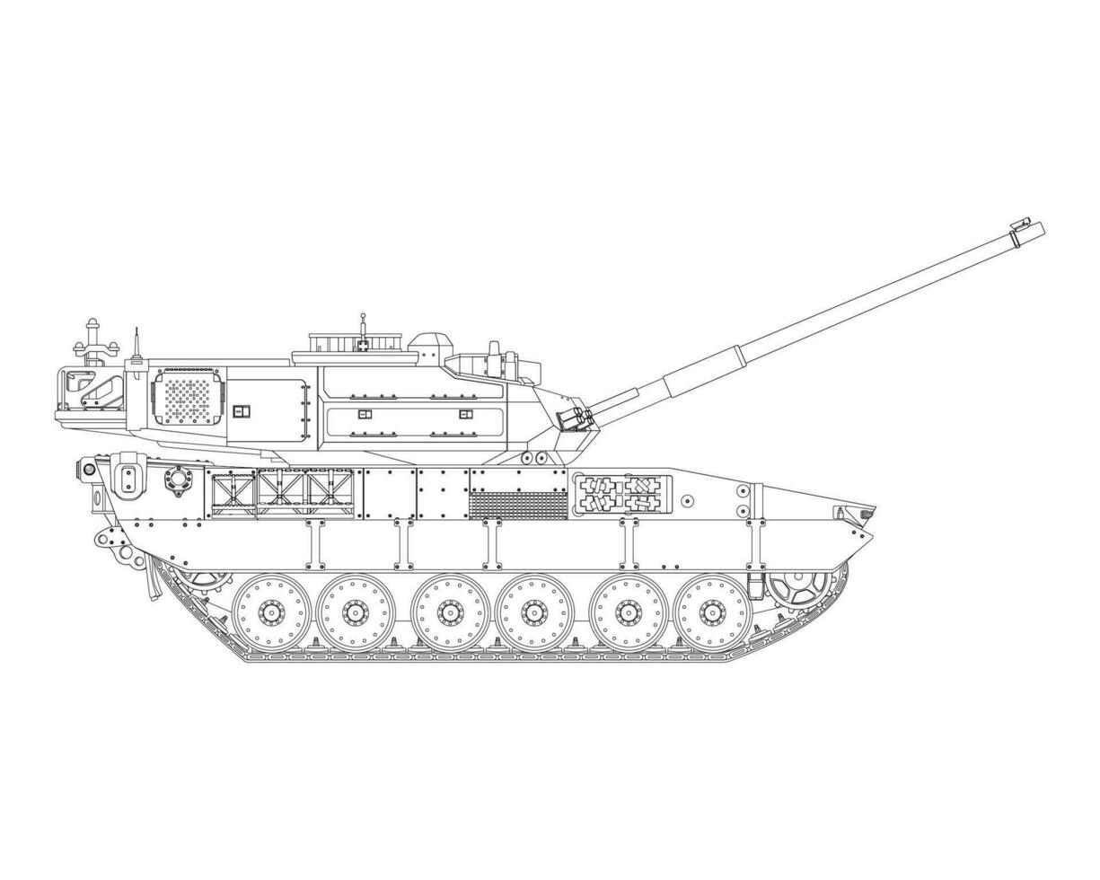 Main battle tank in line art. Armored fighting vehicle. Special combat military transport. vector