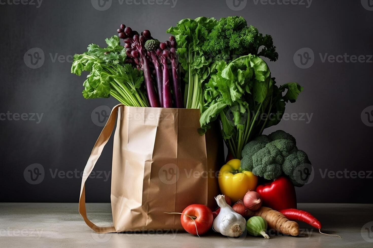 A paper bag with vegetables is on the table. photo