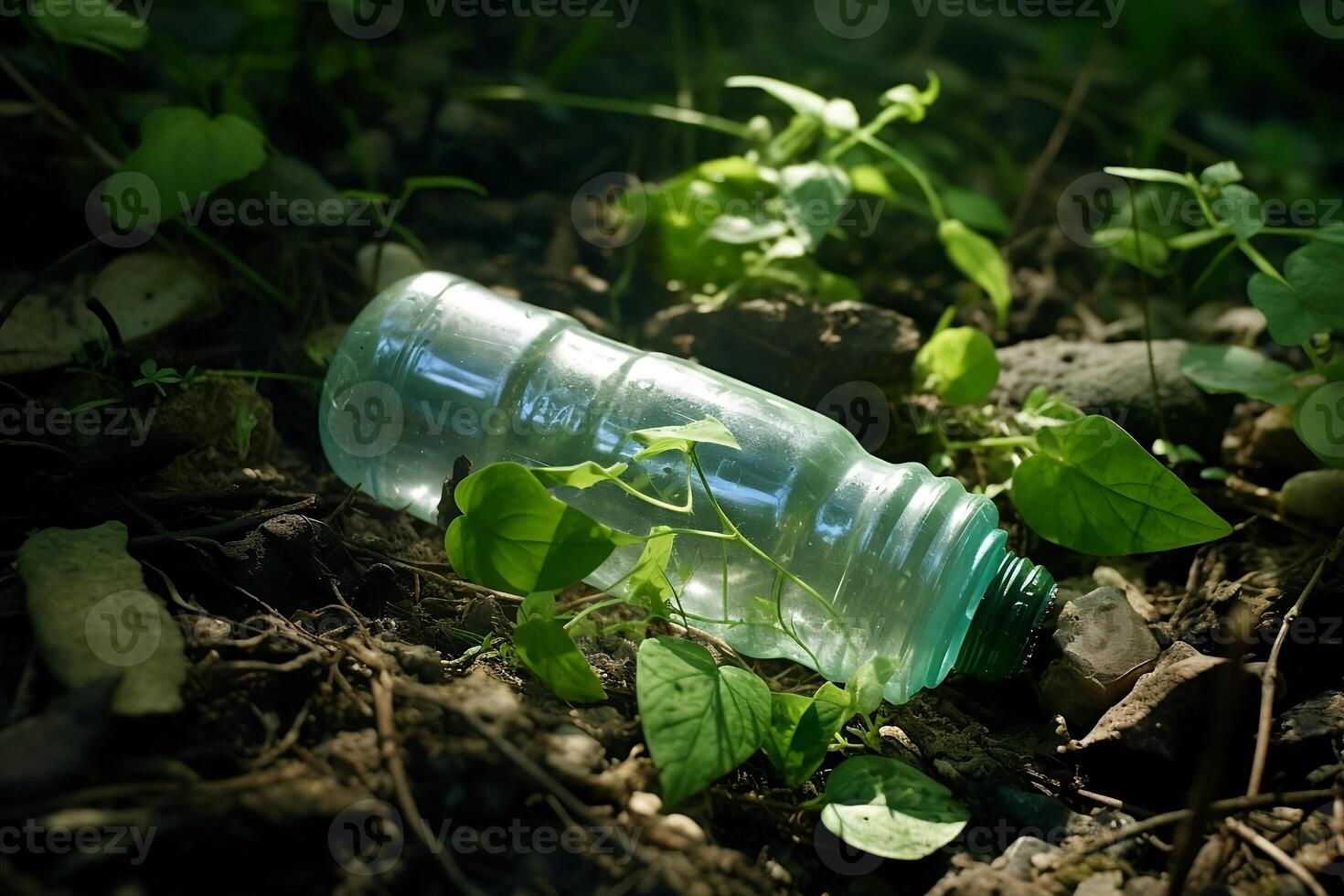 A plastic bottle is lying on the ground in the forest. photo