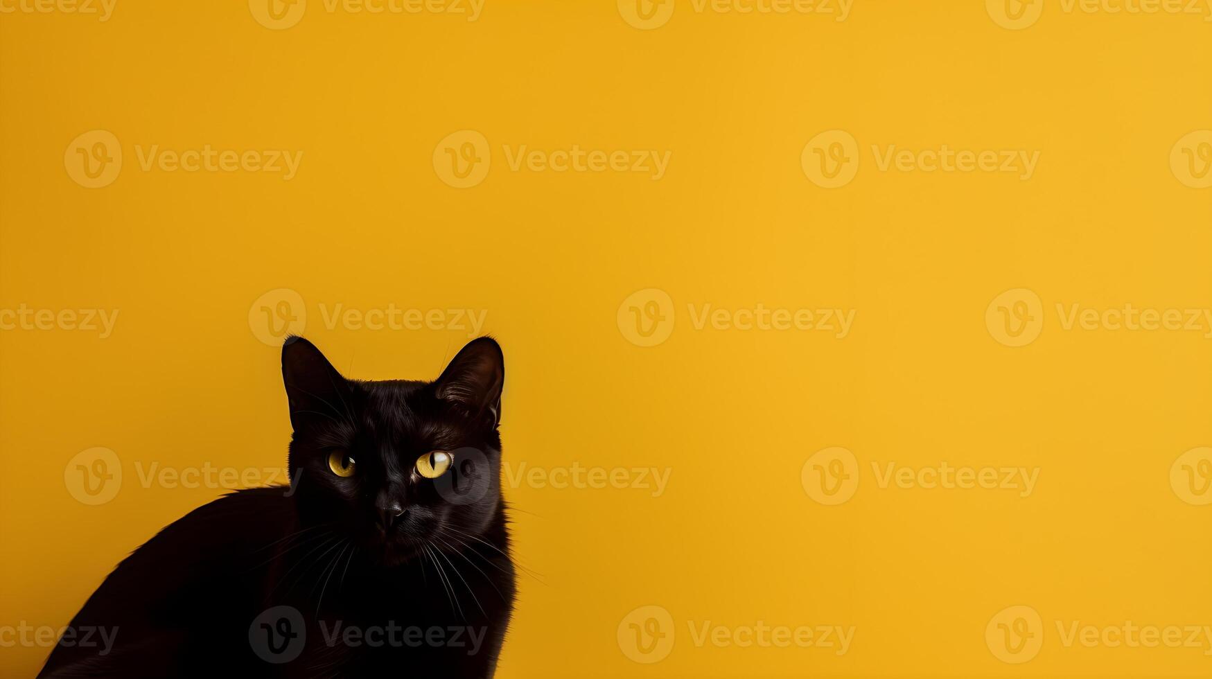 Cute furry black cat with yellow background photo