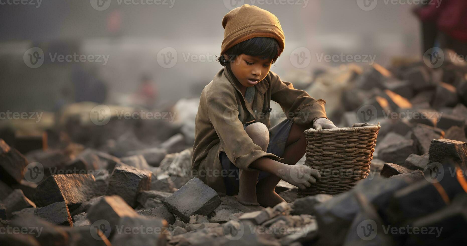 A underage Child is working on harsh condition world  day against child labor ai generative photo