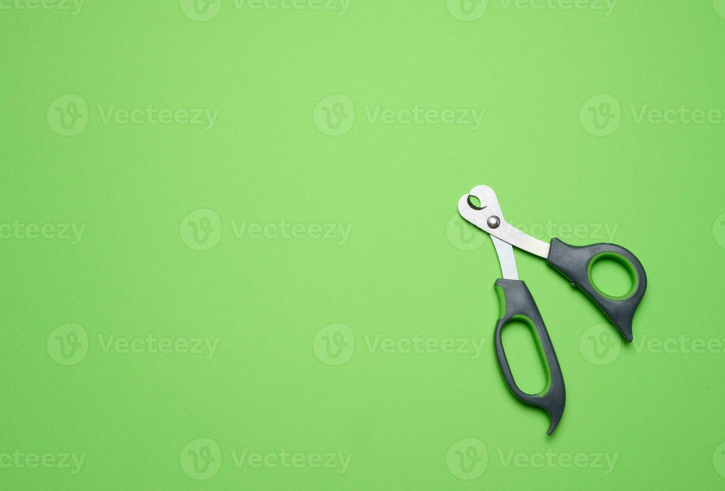 Scissors for trimming the claws of animals on a green background, top view photo