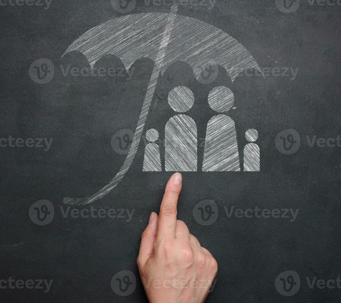 A family drawn in white chalk under an umbrella on a black chalkboard and a female hand, symbolizing the concept of security and insurance. photo