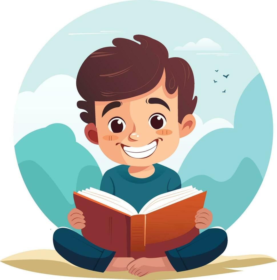 contento niño leyendo libro, educación concepto vector ilustración diseño