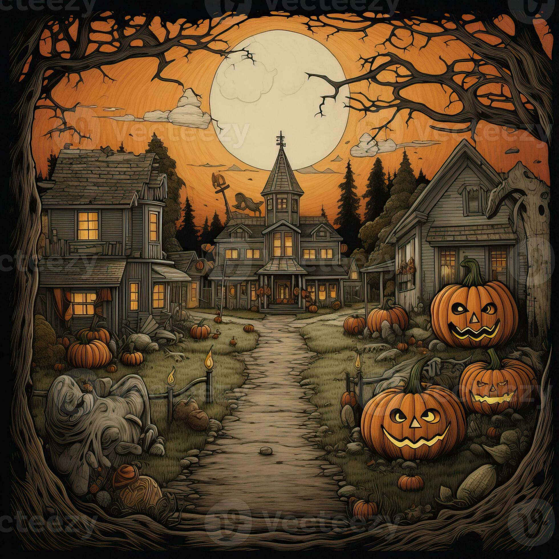 Illustration Halloween town background high quality ai generated image
