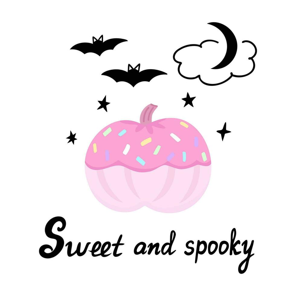 Sweet and spooky, pink pumpkin. Illustration for printing, backgrounds, covers and packaging. Image can be used for greeting cards, posters, stickers and textile. Isolated on white background. vector