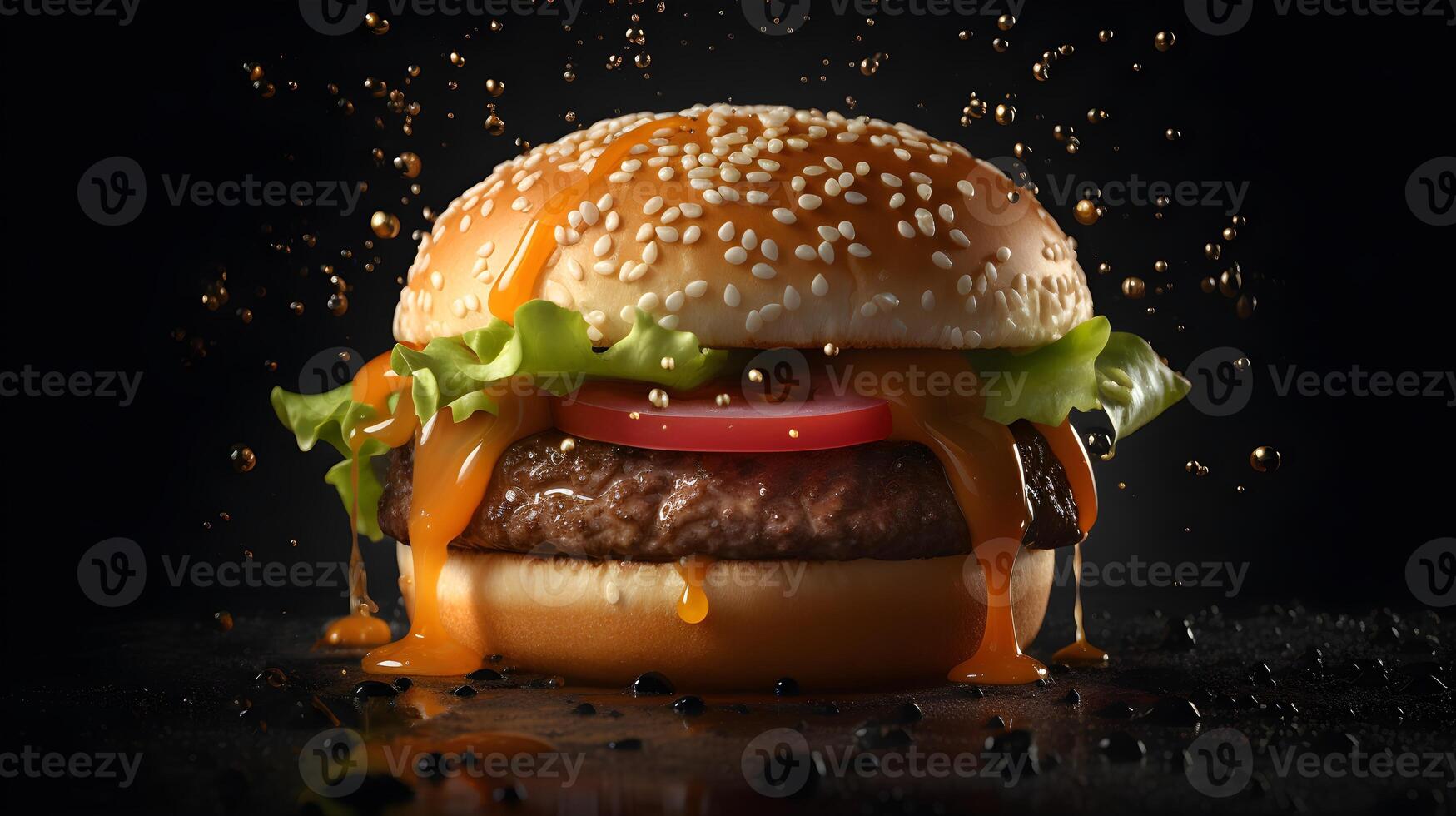 a hamburger with cheese, lettuce and tomato on a black background photo