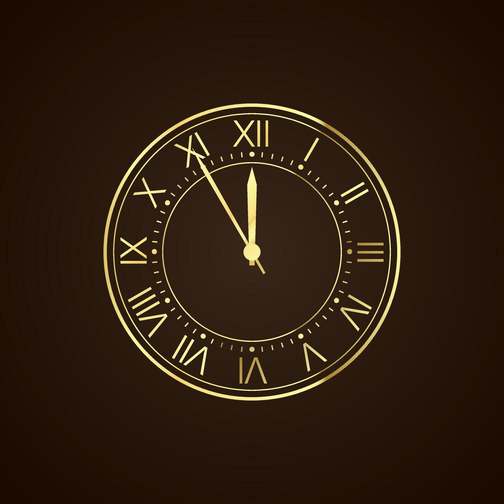 Golden Clock Dial with Roman Numbers. New Year Countdown and chimes