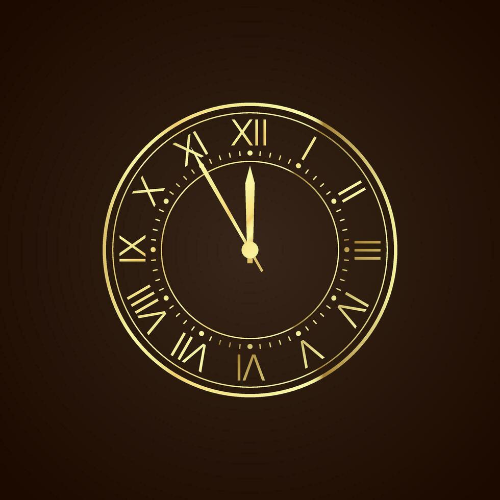 Golden Clock Dial with Roman Numbers. New Year Countdown and chimes. Five minutes before twelve. Vector