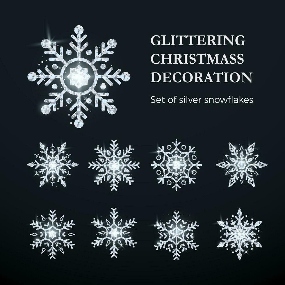plata copo de nieve colocar. Navidad decoración elemento. brillante plata lujo escama. vector ilustración