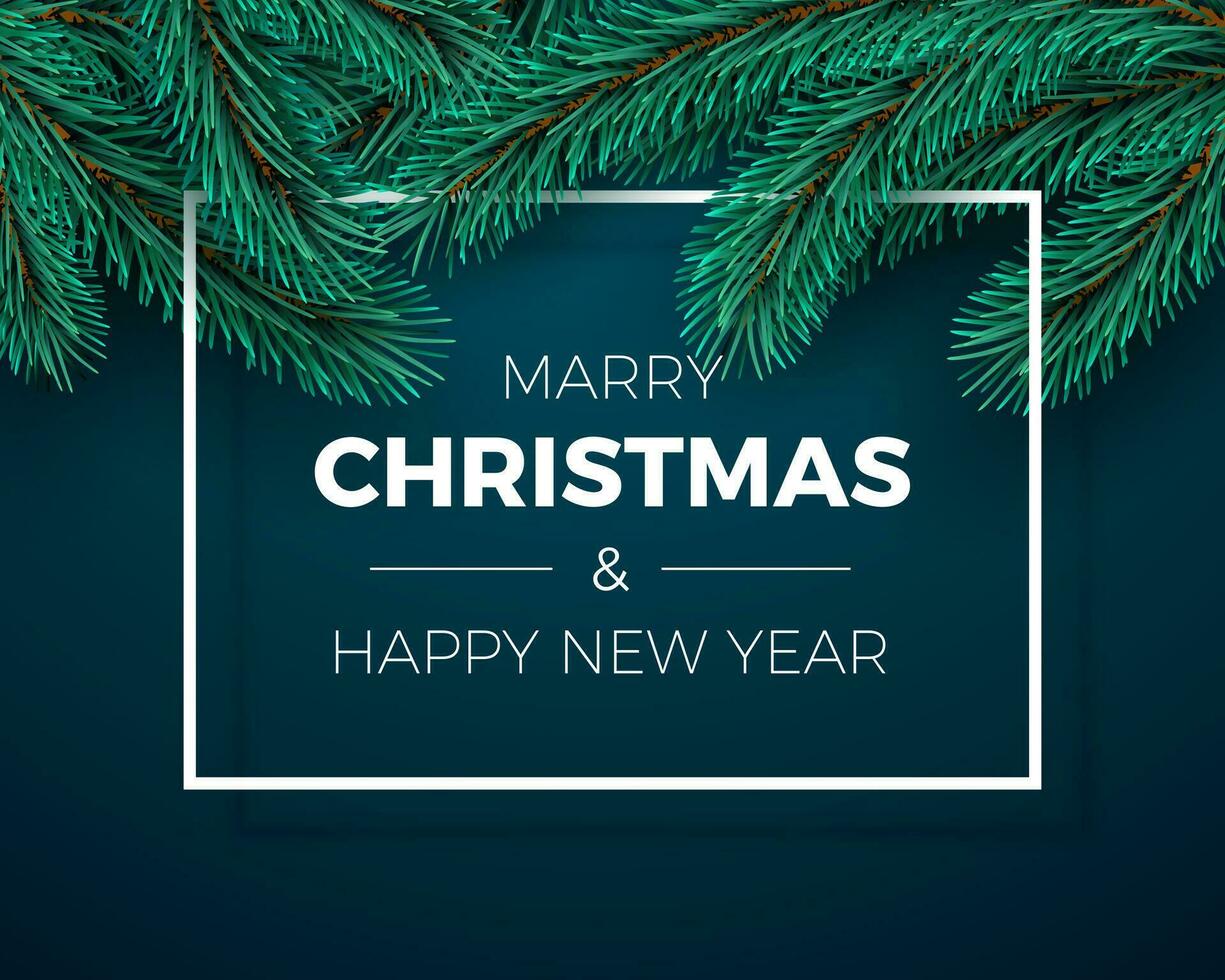 Merry Christmas and Happy New Year Greeting Card. Christmas tree branches on dark background and white frame. Holiday decoration elements. Vector