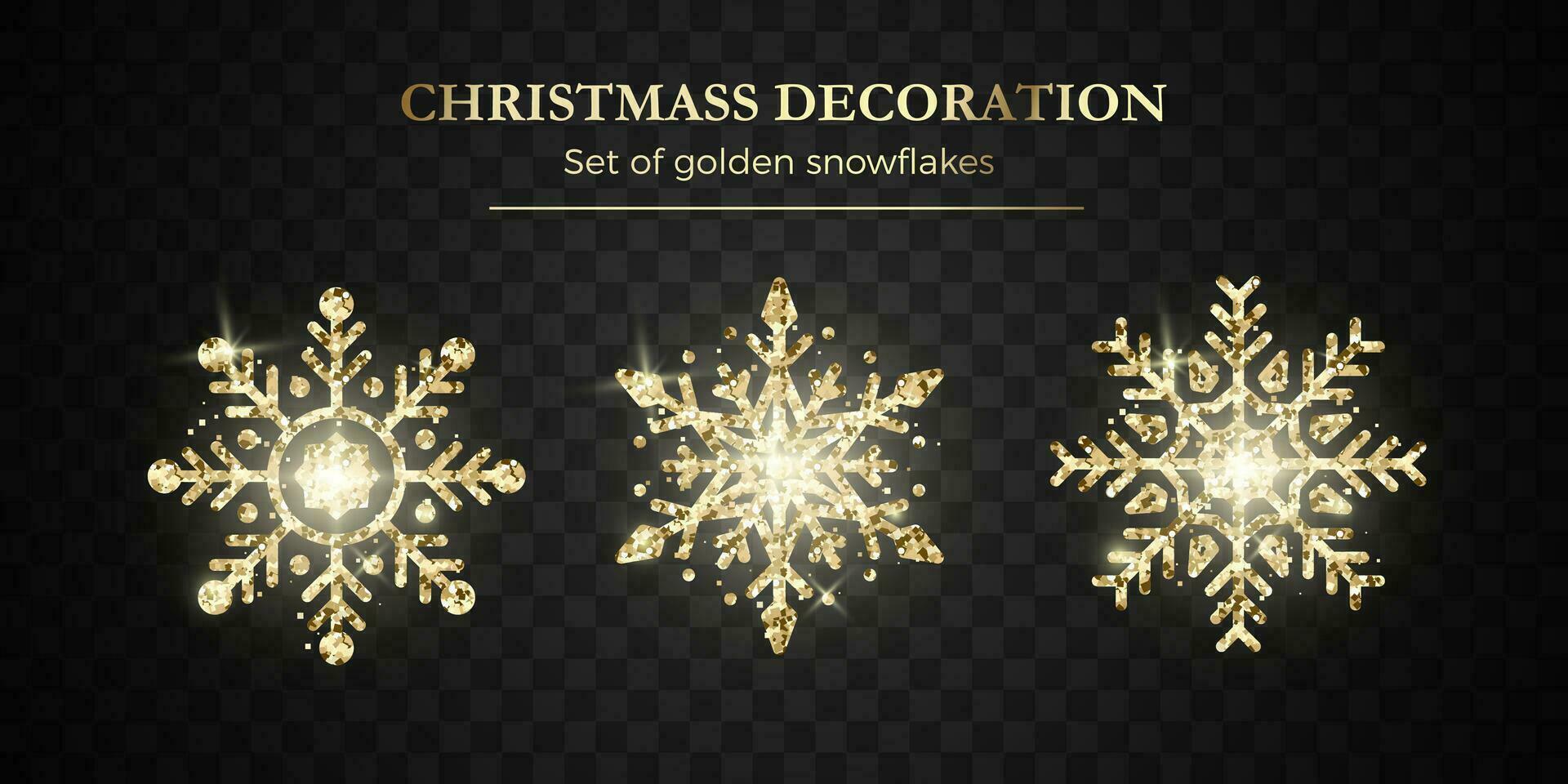 Golden Snowflake Set. New Year and Christmas decoration element. Shiny gold luxury flake. Vector illustration