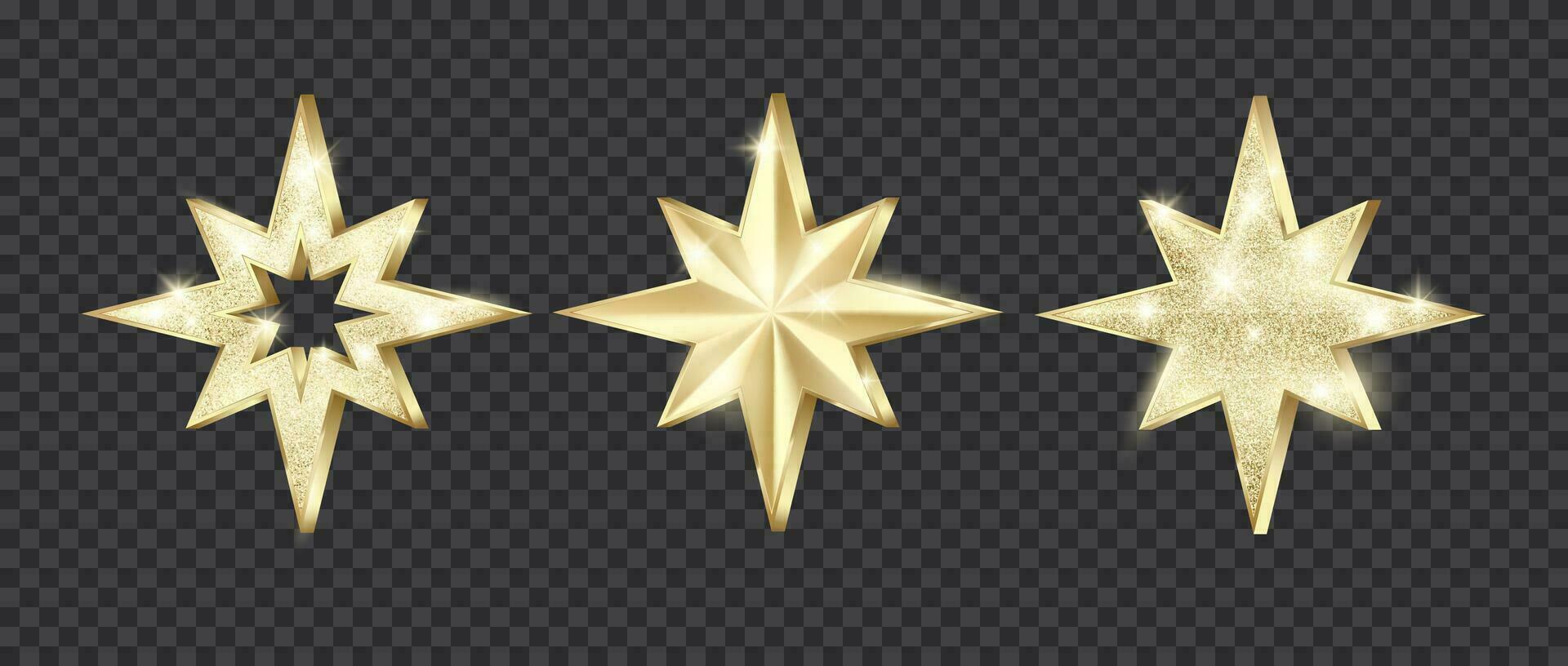 Set of golden stars with glitter. Christmas decoration element. Luxury elegant award - Star. Vector illustration isolated