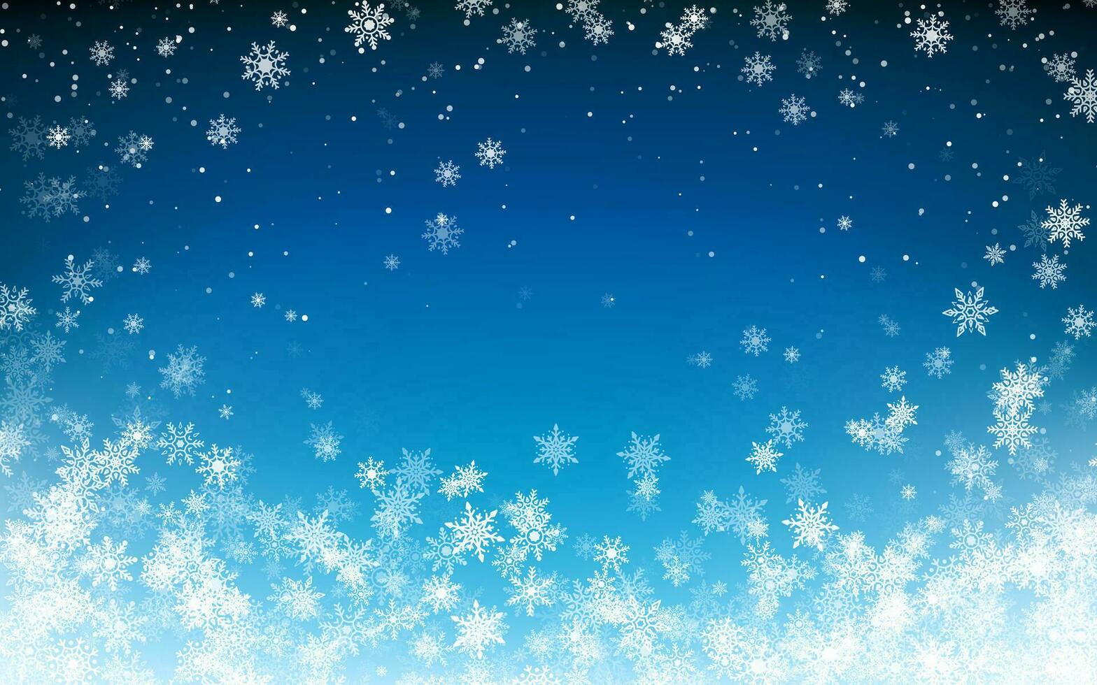 Snowfall Christmas background. Flying snow flakes on night winter blue sky background. Winter wite snowflake template. Vector illustration