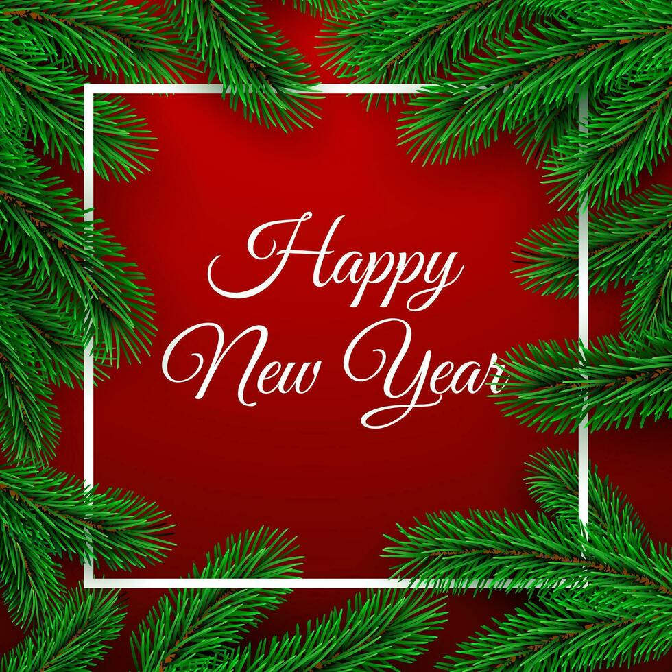 Merry Christmas and Happy New Year Greeting Card. Holiday invitation or poster design. Christmas tree branches on red background and white frame. Holiday decoration elements. Vector