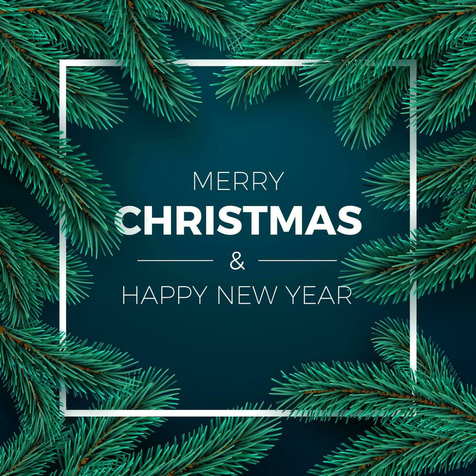 Merry Christmas and Happy New Year Greeting Card. Invitation design. Christmas tree branches on dark background and white frame. Holiday decoration elements. Vector