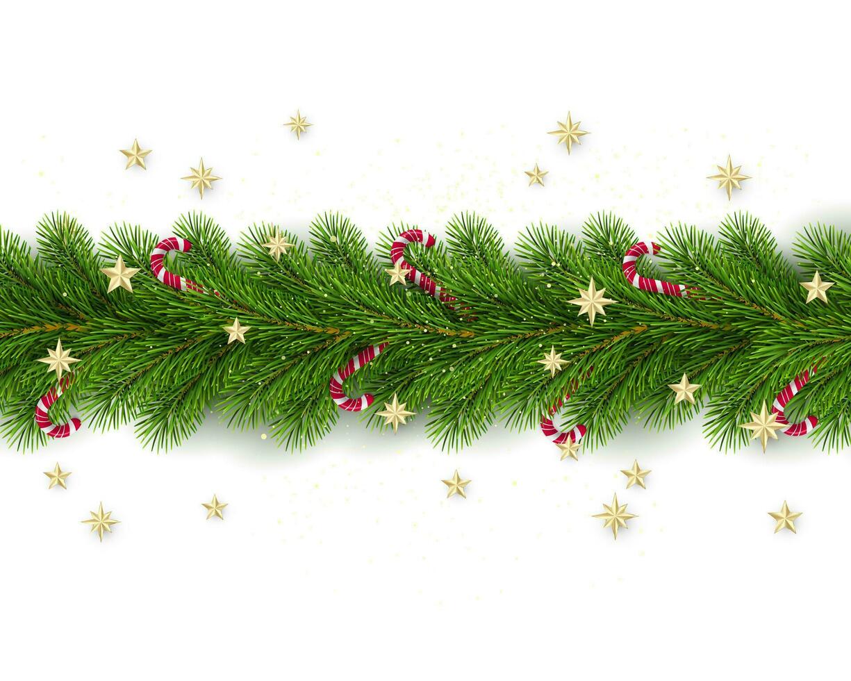 Merry Christmas and Happy New Year. Christmas Tree Branches Decorated with Golden Stars and Candy Canes. Holiday Decoration Element on White Background. Vector