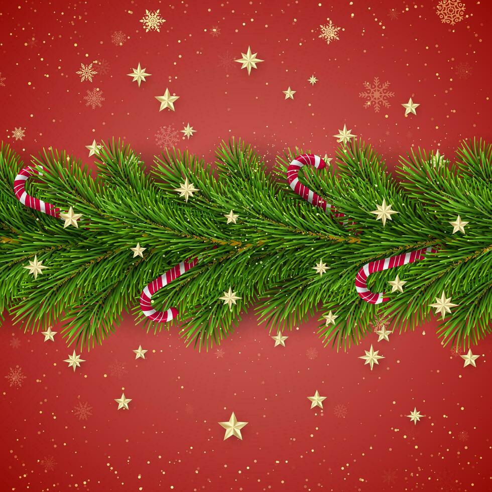 Merry Christmas and Happy New Year. Christmas Tree Branches Decorated with Golden Stars and Snowflakes and Candy Canes. Holiday Decoration Element on Red Background. Vector