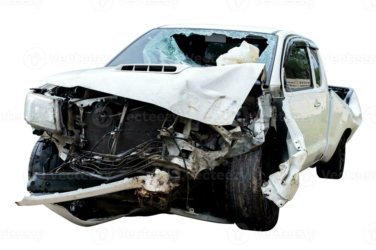 Front and side of white pickup car get damaged by accident on the road. damaged cars after collision. isolated on white background with clipping path, car crash bumper on the road for graphic element photo