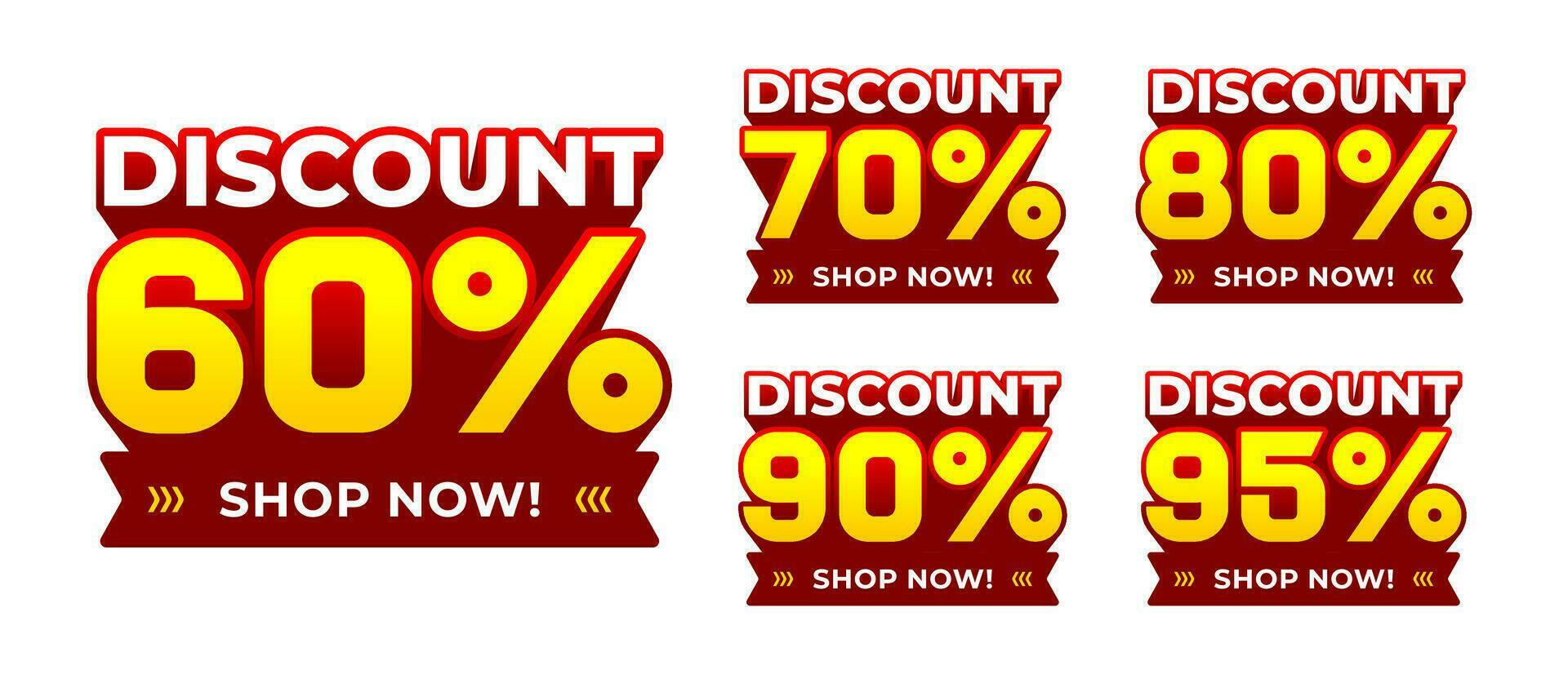 Discount 60, 70, 80, 90, 95 percent label with 3d extrude style effect font. for emblem, badge, banner, icon. Promotion design set vector illustration isolated on white background