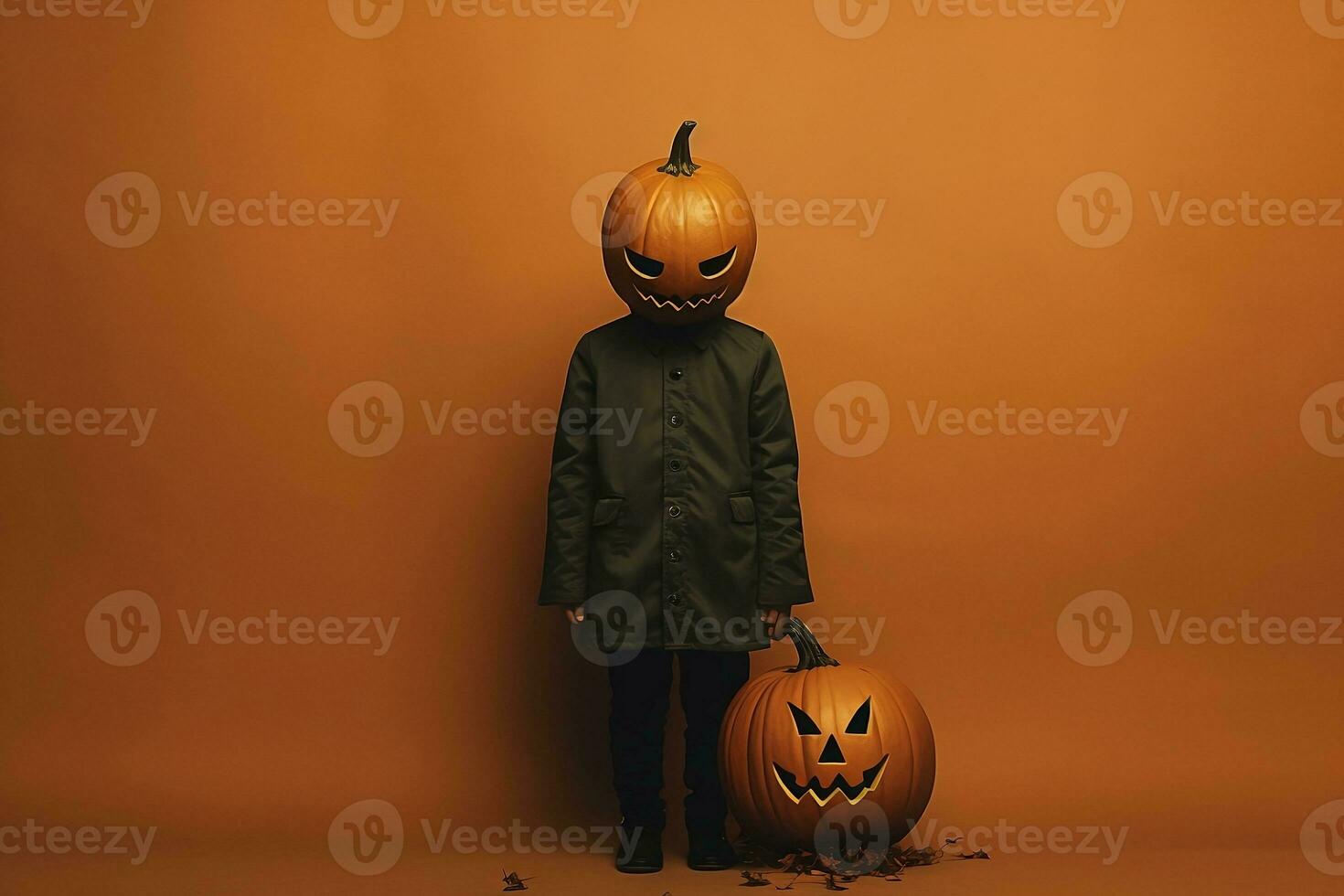 A man with a pumpkin on his head in a jacket. AI generated photo