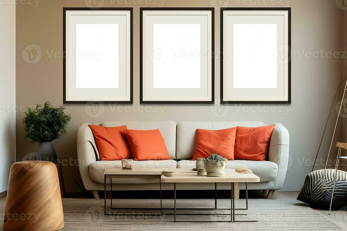 The interior of the living room with a sofa and a frame on the wall. AI generated photo