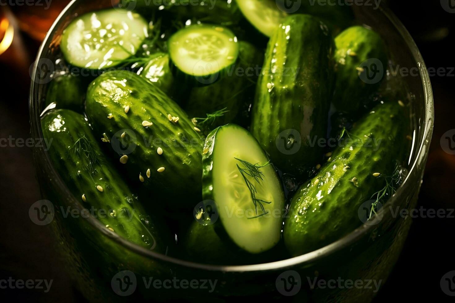 Pickled cucumbers in a marinade with herbs. AI generated photo