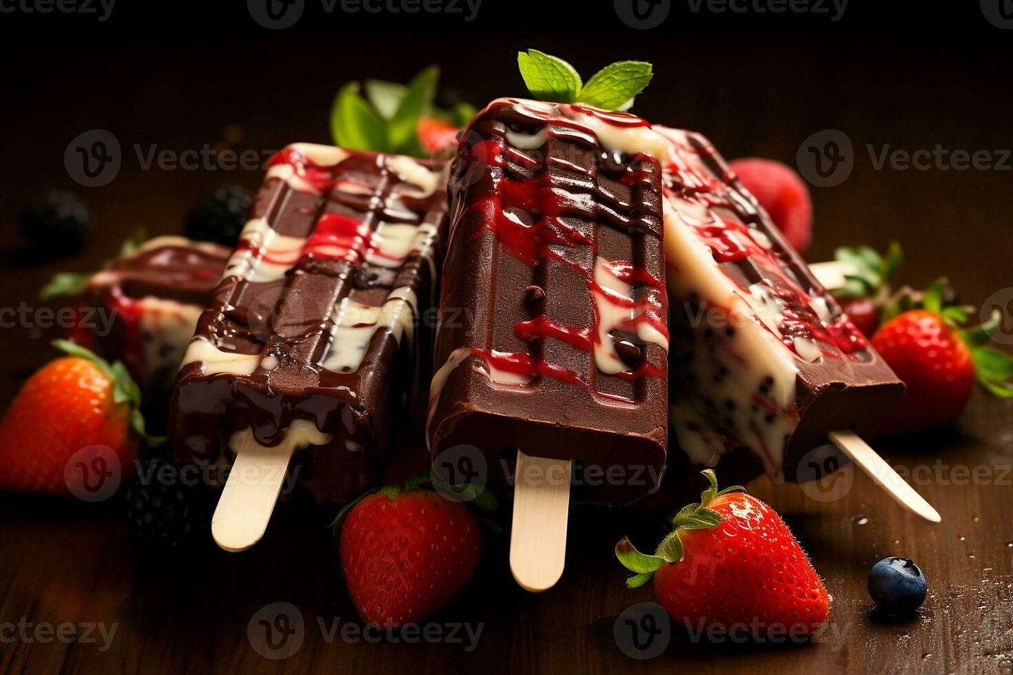 Chocolate popsicle on a stick. AI generated photo