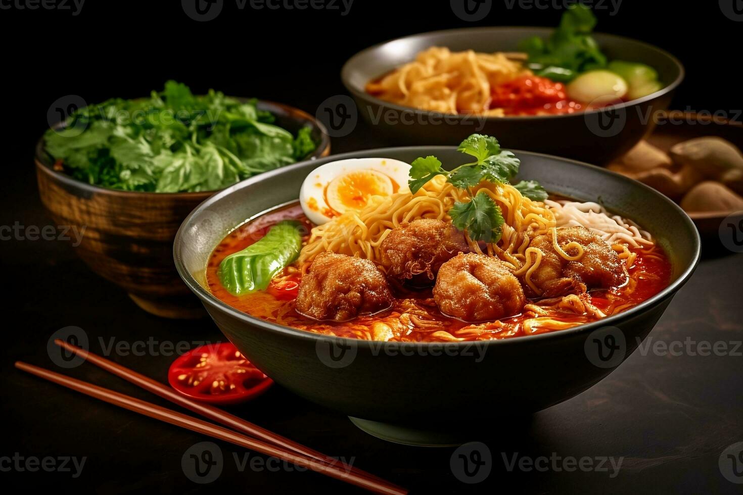 Asian noodles with curry in a bowl with fish balls and chicken pieces with chili paste. AI generated photo