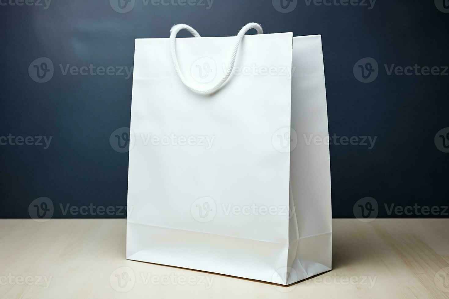 A mock-up of a white bag is on the table. AI generated photo