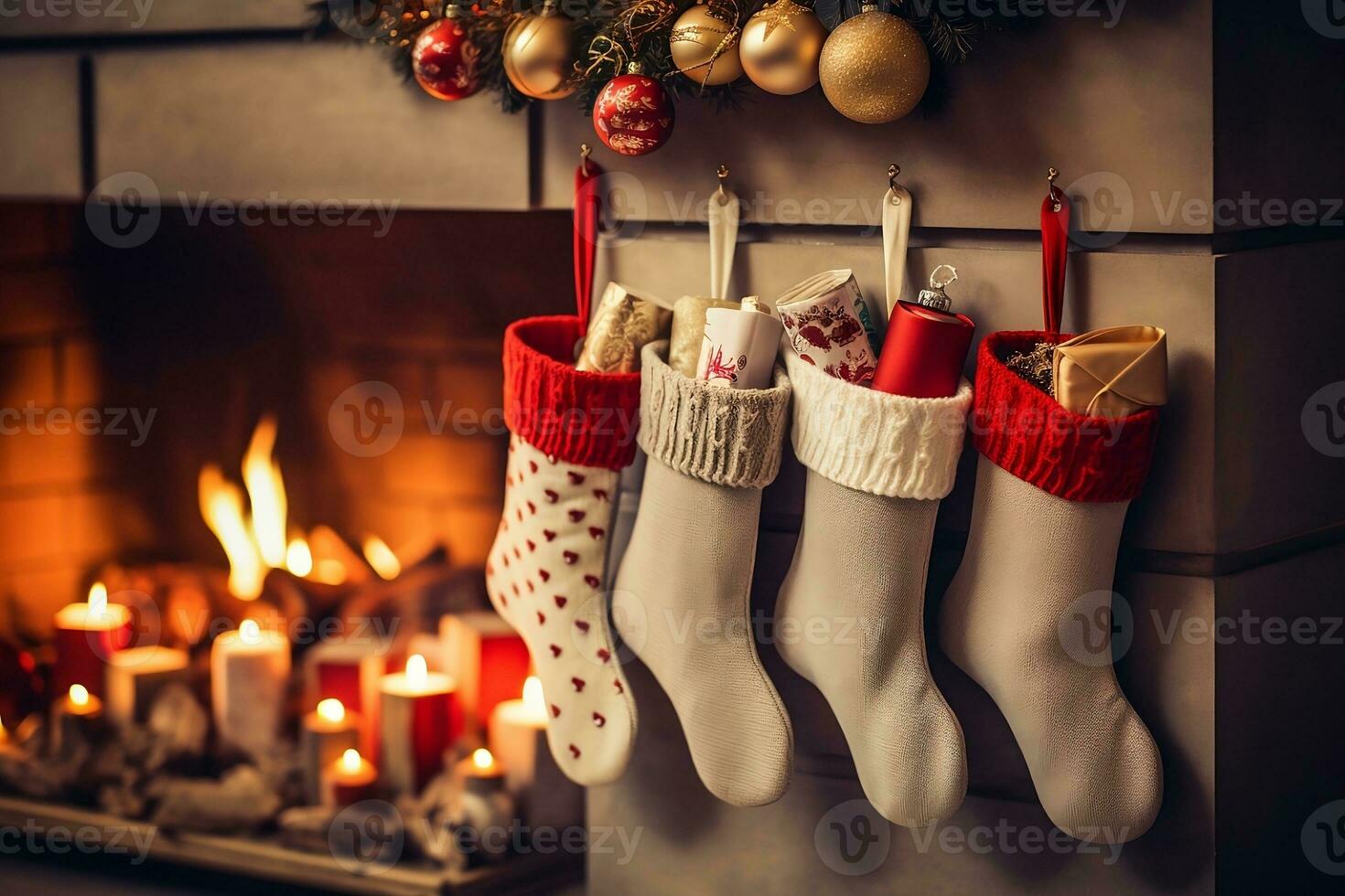 Christmas socks hanging on the fireplace. AI generated photo