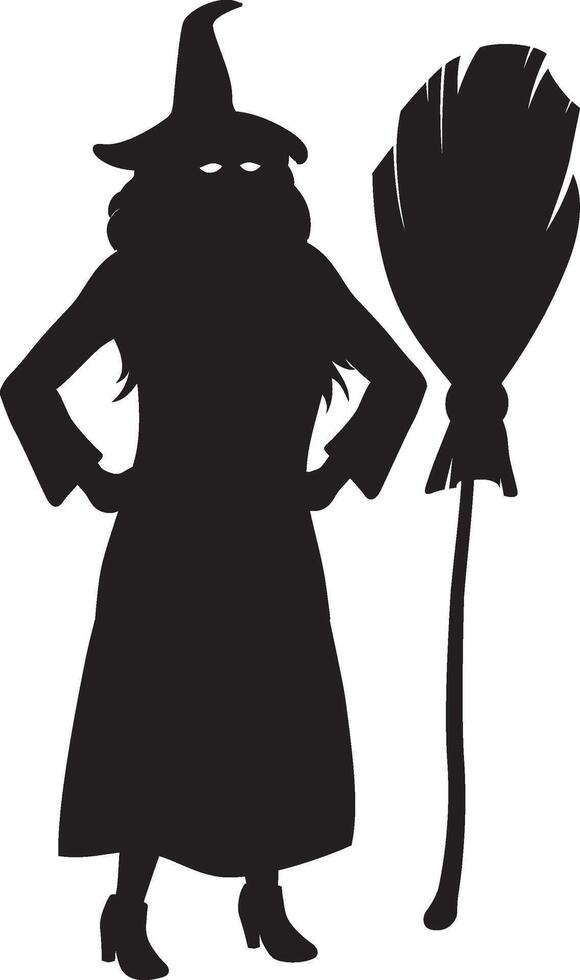 Silhouette of halloween witch with broom, vector illustration isolated on white background.
