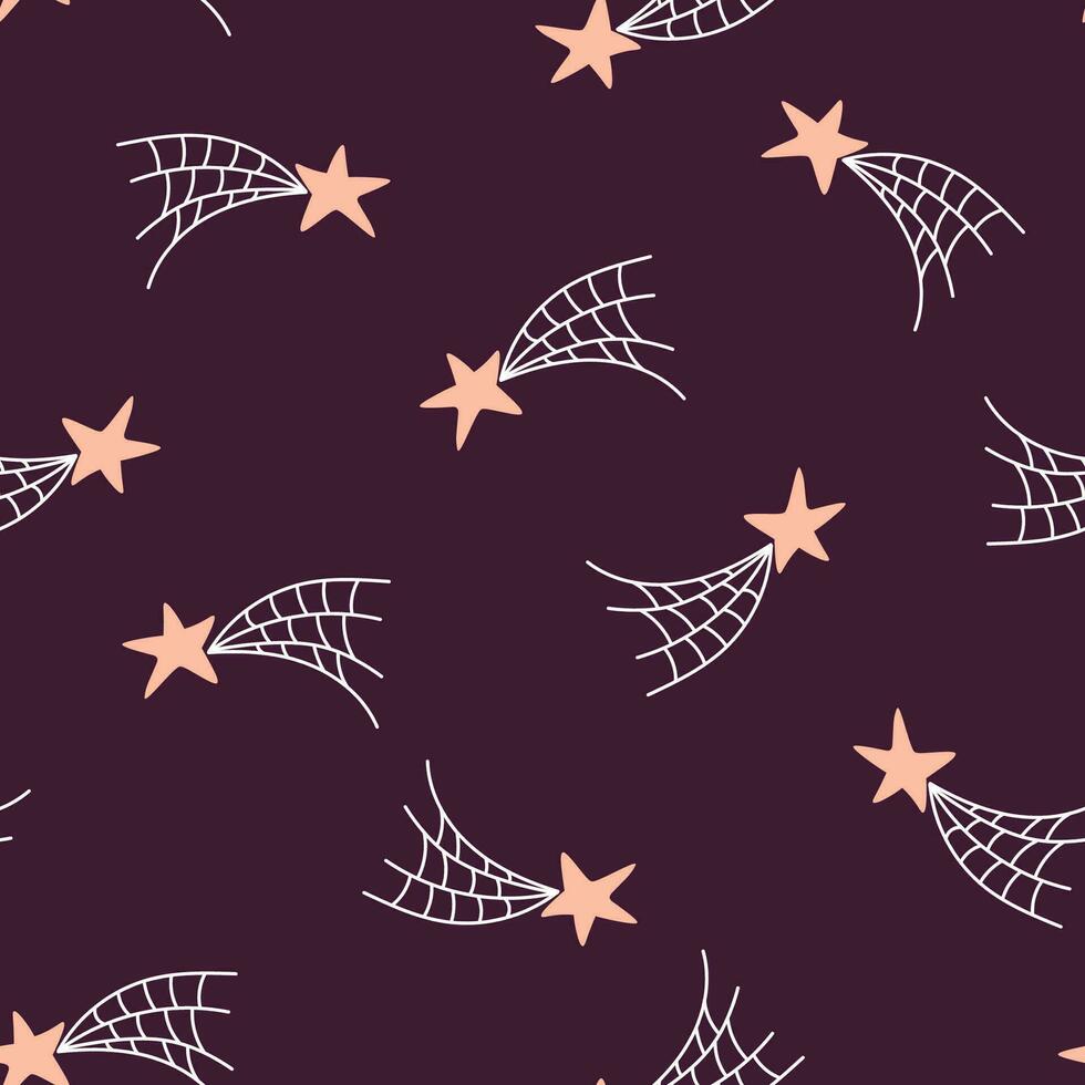 Seamless pattern with stars, comets, web. Children's print of the night space sky for Halloween. Vector graphics.