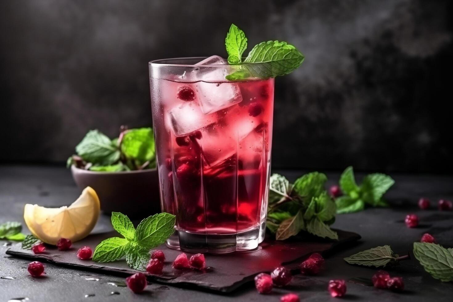 Cold iced winter drink in glass decorated with mint leaves photo