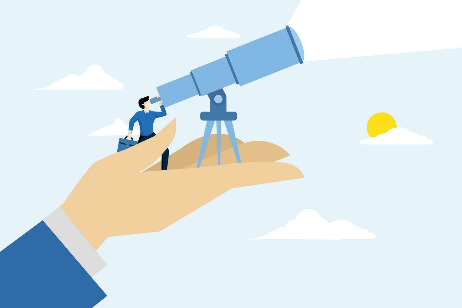 vision concept to see opportunity, support or empowerment for career development, success or opportunity to see the journey ahead, businessman standing on supporting hand looking into telescope. vector