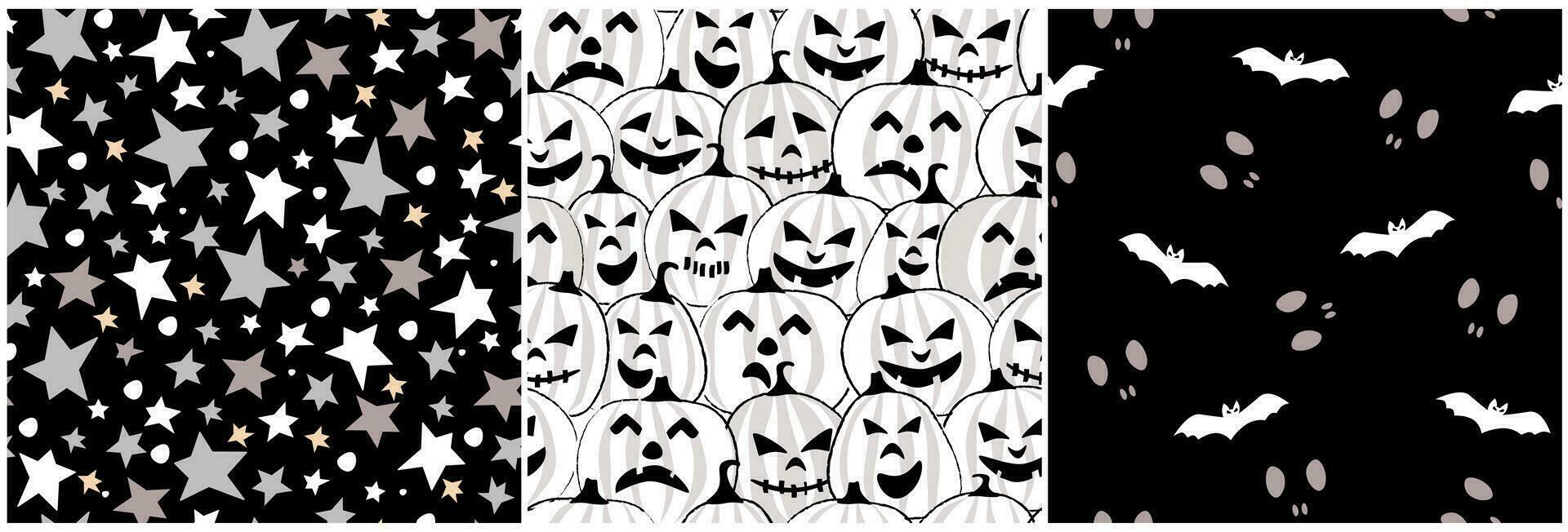 Set of seamless pattern with pumpkins for Halloween. Terrible ominous faces and frightening smiles, eyes glowing in the dark, starry sky, bats. Vector graphics.