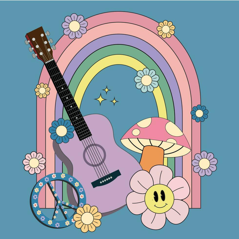 Groovy funny illustrations with guitar, mushrooms, flowers, rainbow. Positive and peace symbols in vintage style. Retro 70s hippie. Vector illustration