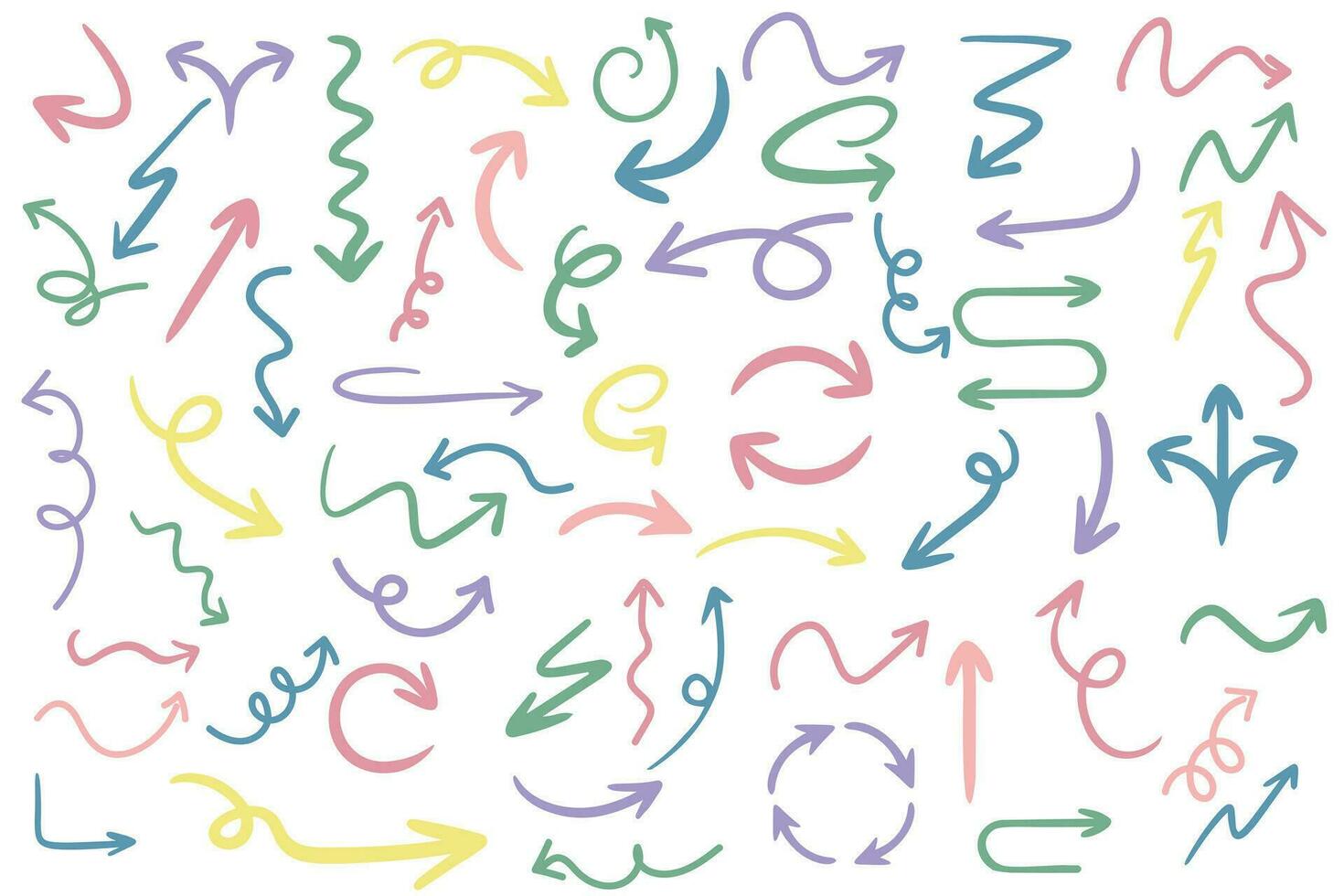 Set of various hand-drawn arrows. Different shapes and thicknesses. Bright colors that can be easily changed to any other color. Vector illustration