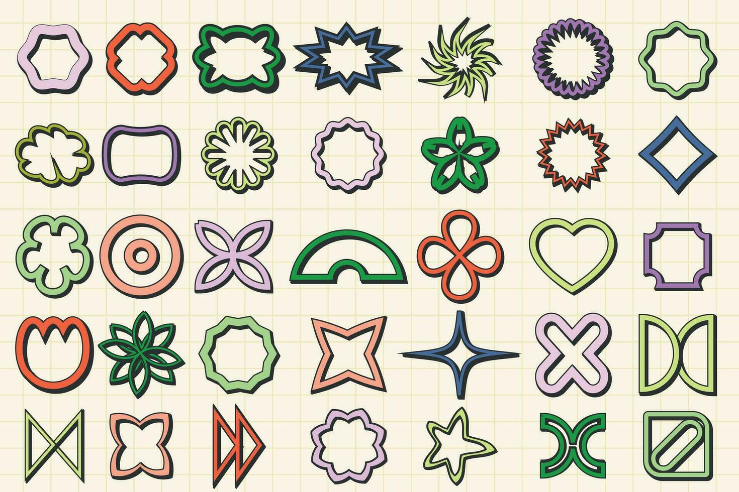 Trendy abstract shapes. Flower, star, wave, heart, circle, spiral. Retro groovy aesthetic. Modern 90s - 2000s style. Elements for posters design, stickers. Vector illustration