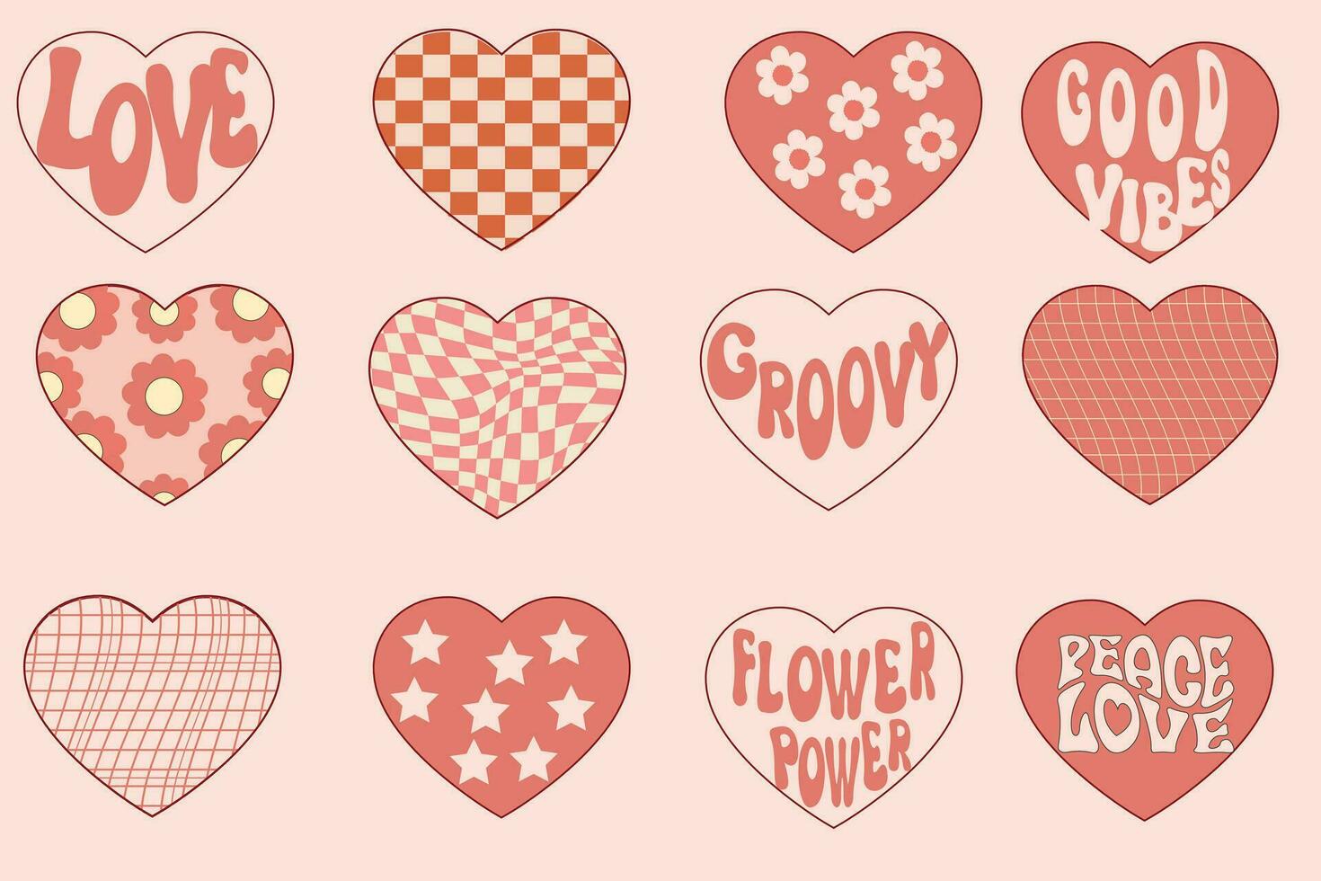 Set of retro hippie romantic heart stickers. Groovy design elements for Valentines day. Groovy hippie 70s set. Sticker pack in trendy retro cartoon style. Vector illustration