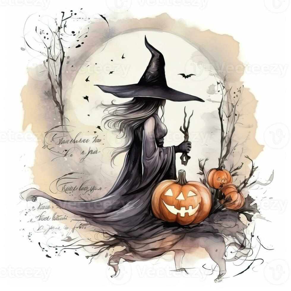 Illustration Halloween witch card with pumpkin quotes high quality ai generated image photo