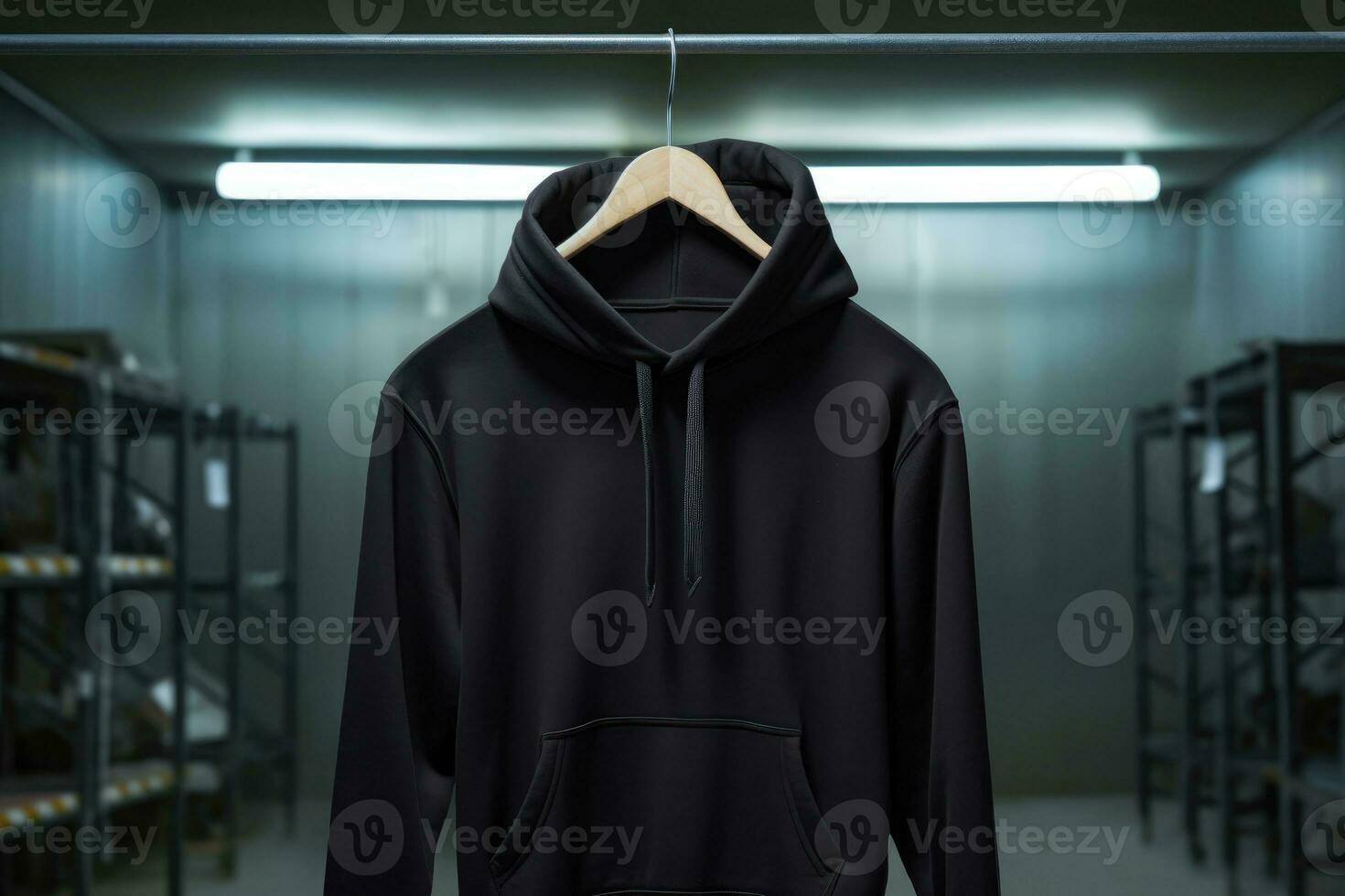 Black sweatshirt with hood and pocket hanging on a hanger in the store. generated by artificial intelligence photo